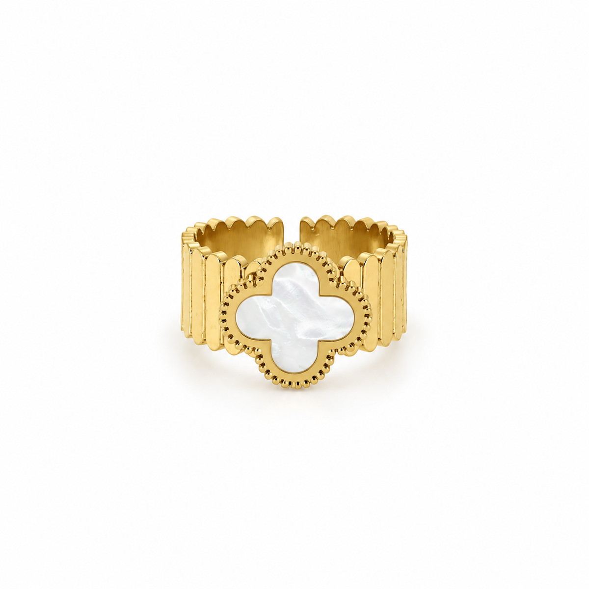Open stainless steel ring with a wide mother-of-pearl flower