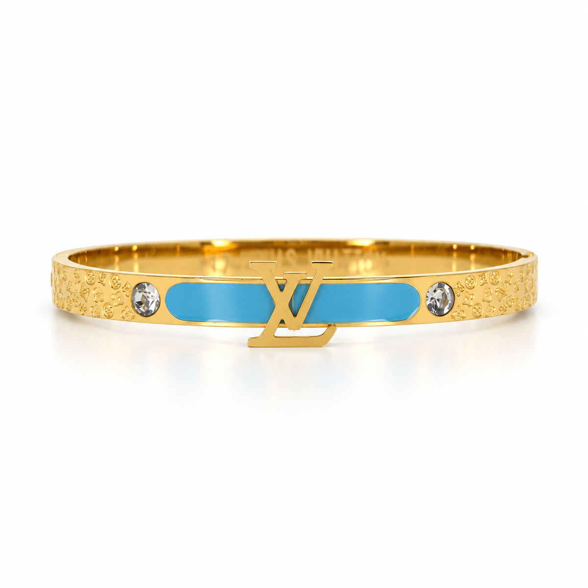 Stainless steel bracelet with gold letters and a sky-blue enamel strip.