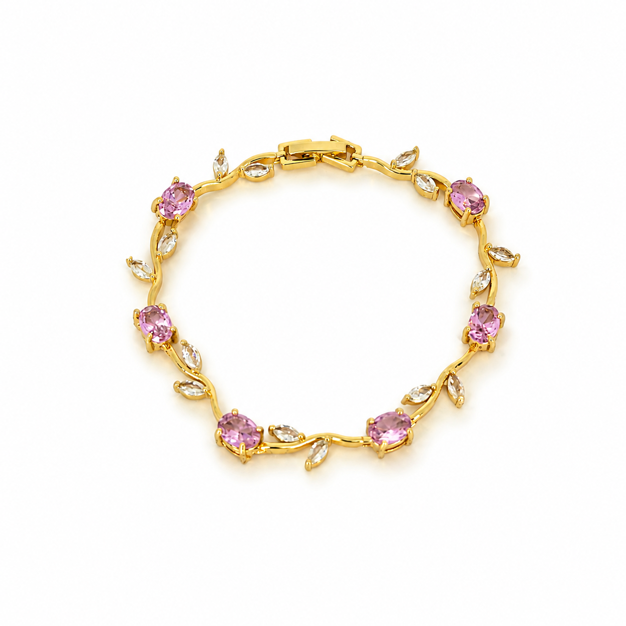 Italian gold-plated bracelet with a tulip branch design and pink zircon stones