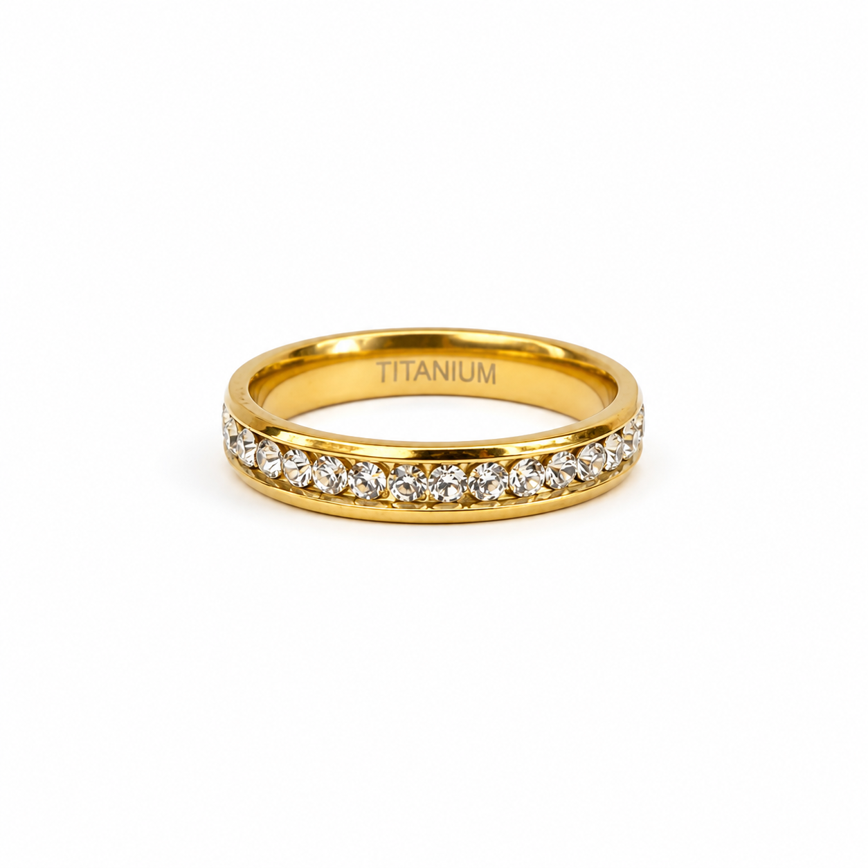 Gold-plated titanium ring encrusted with sparkling crystals