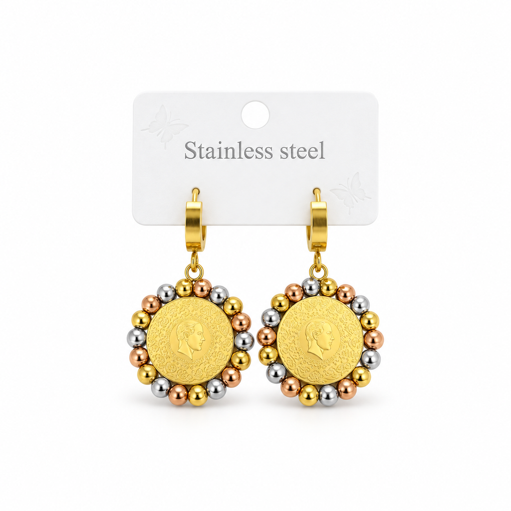 Stainless steel earrings featuring a gold coin and a tri-colored beaded frame.
