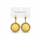 Stainless steel earrings featuring a gold coin and a tri-colored beaded frame.
