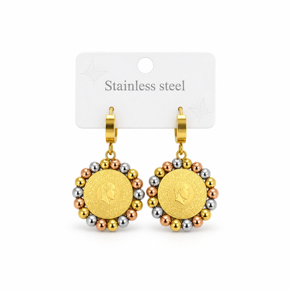 Stainless steel earrings featuring a gold coin and a tri-colored beaded frame.
