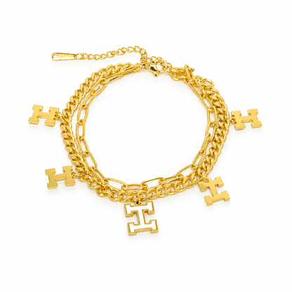 Gold-plated stainless steel bracelet with a two-layer design and H letter charms