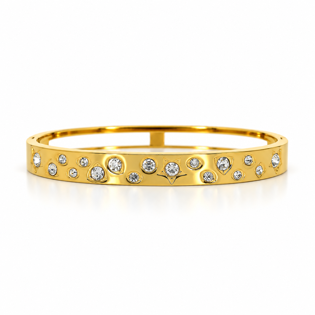 Stainless steel bracelet featuring geometric shapes and studded stars.