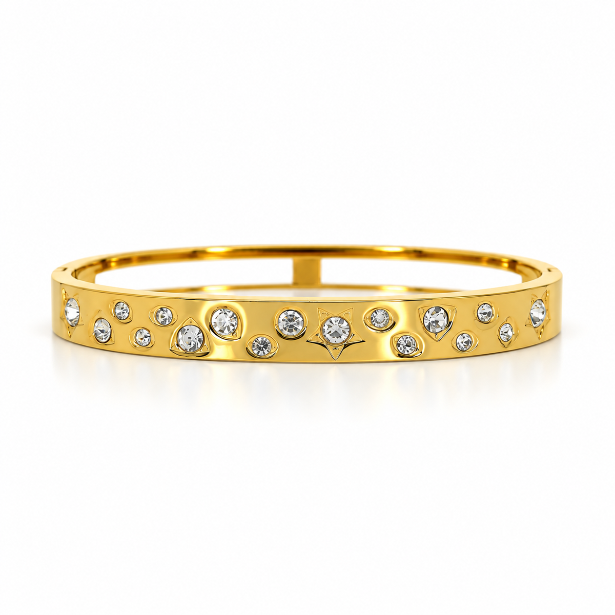 Stainless steel bracelet featuring geometric shapes and studded stars.