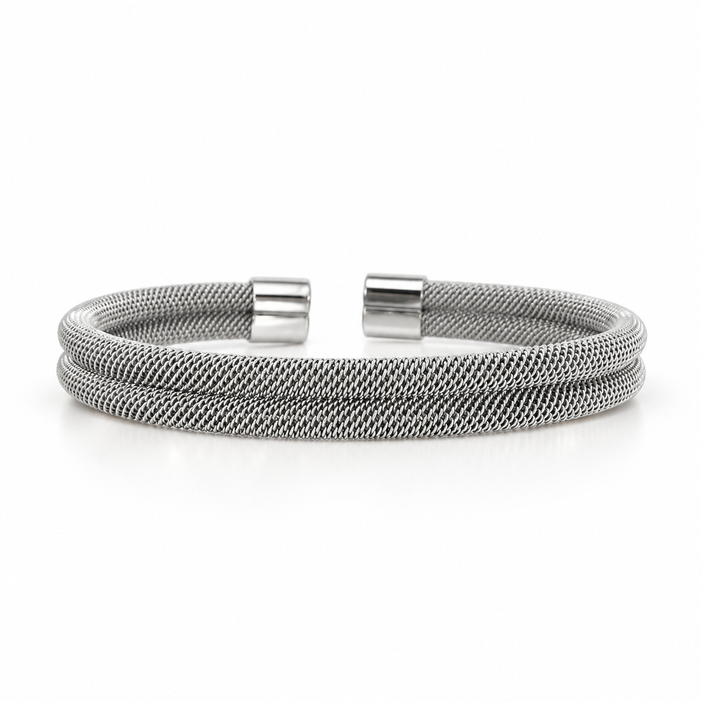 Silver stainless steel bracelet with a double-mesh design.