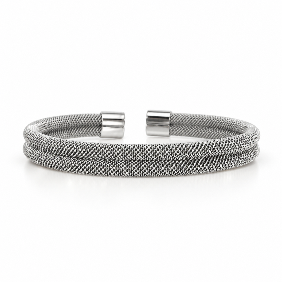 Silver stainless steel bracelet with a double-mesh design.