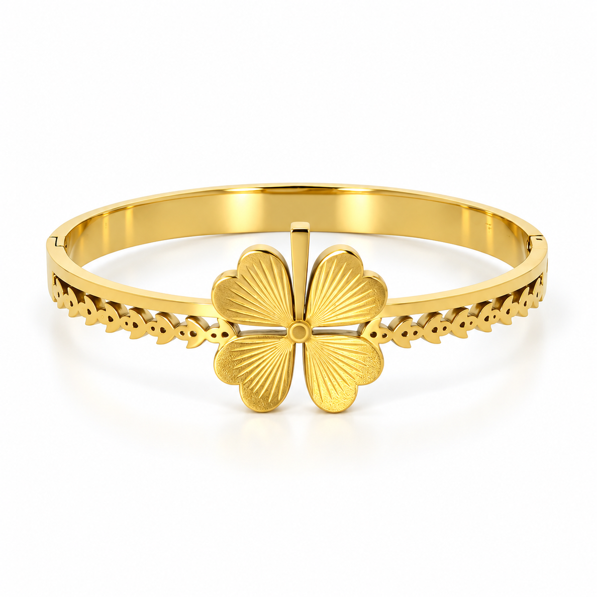 Stainless steel bracelet with an ornate clover petal design.