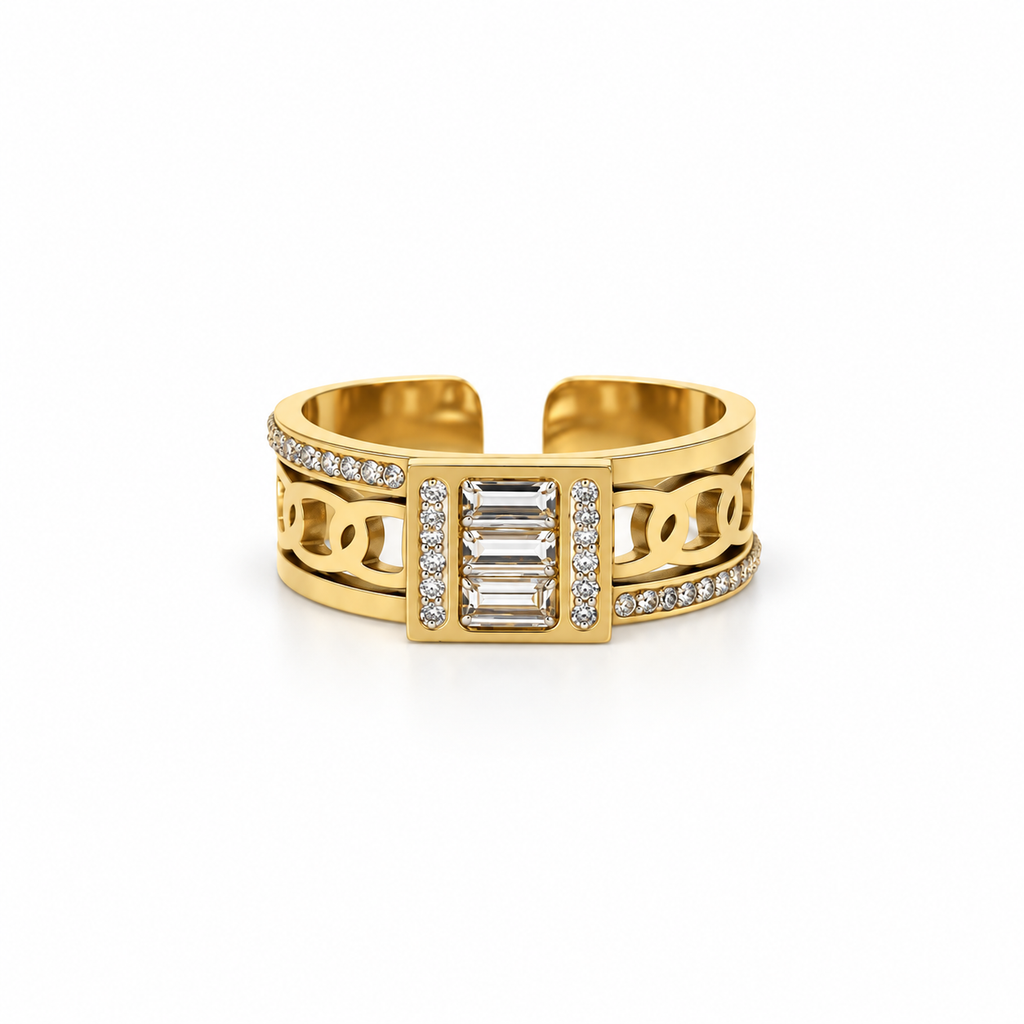 Open stainless steel ring featuring a rectangular cubic zirconia and a hollow chain link design.