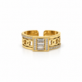 Open stainless steel ring featuring a rectangular cubic zirconia and a hollow chain link design.