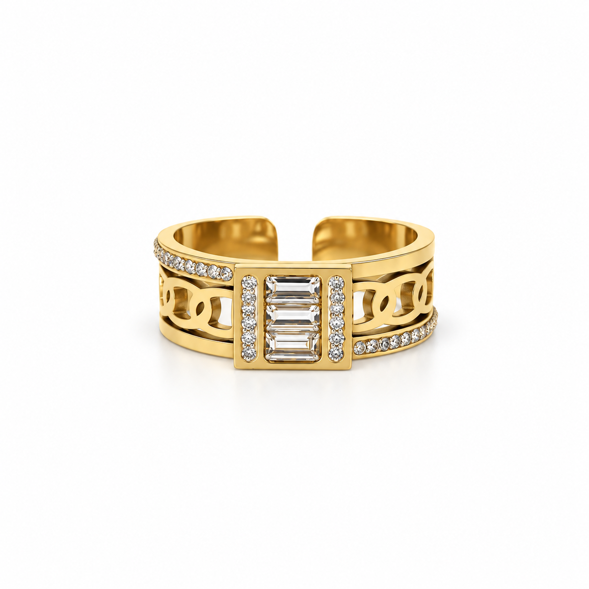Open stainless steel ring featuring a rectangular cubic zirconia and a hollow chain link design.