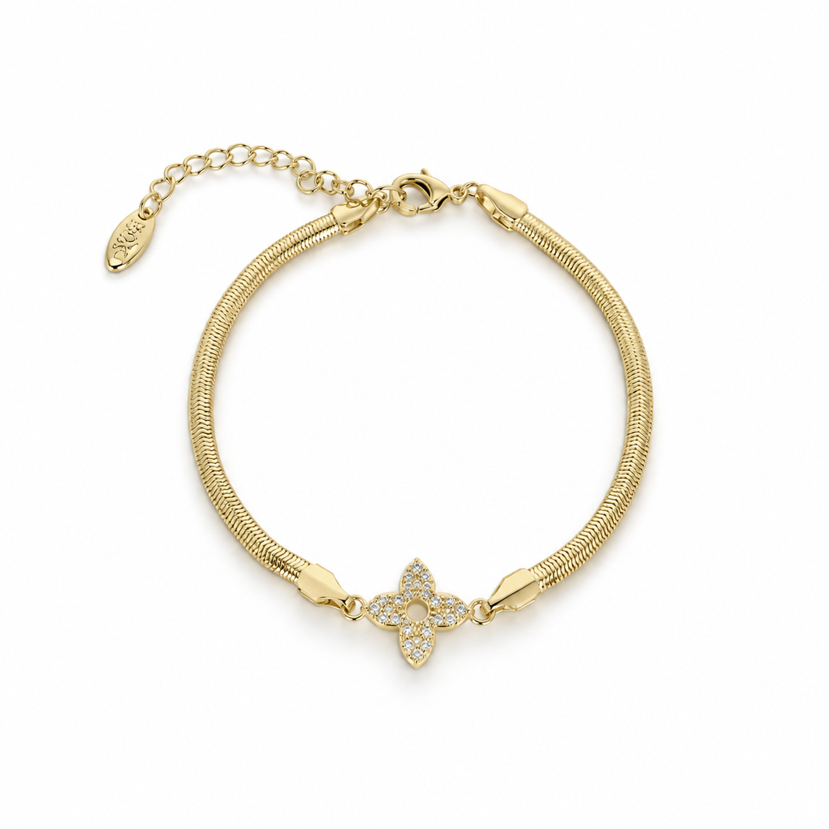 Stainless steel snake chain bracelet with an embellished flower