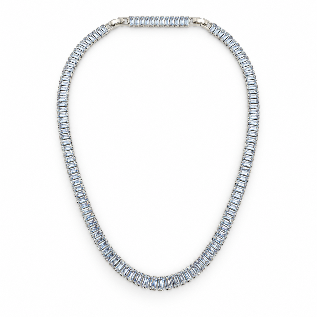 Stainless steel tennis necklace featuring rectangular zirconia stones.
