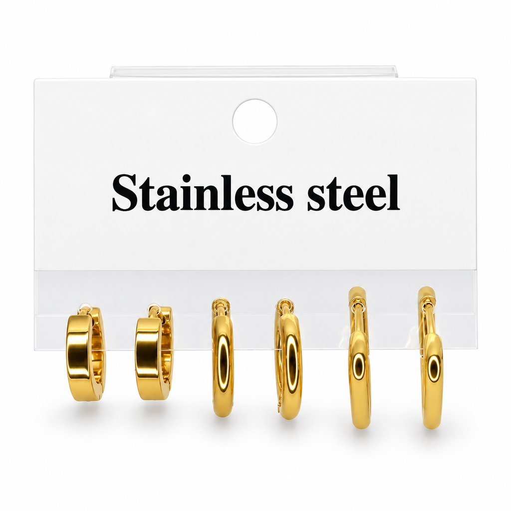 Stainless steel earring set (3 pairs) featuring circular and triangular designs.