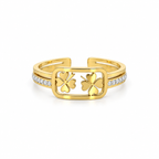 Open stainless steel ring featuring a clover leaf frame and zircon.