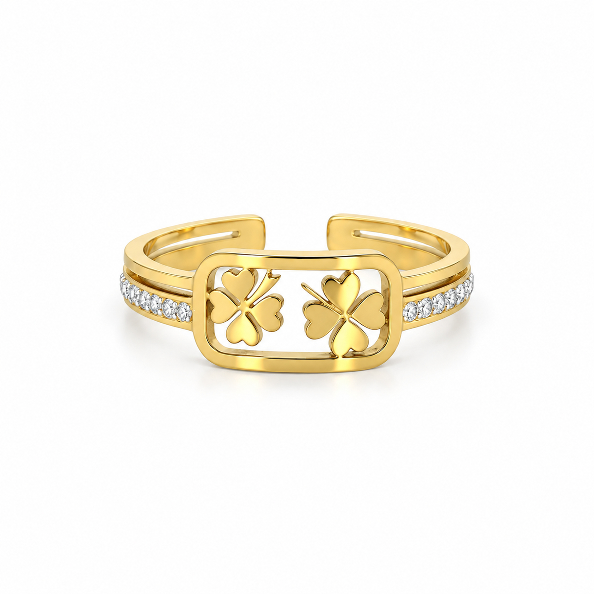 Open stainless steel ring featuring a clover leaf frame and zircon.