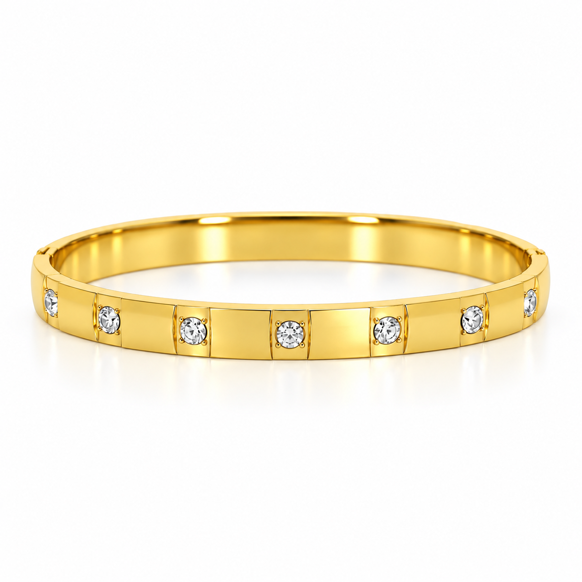 Stainless steel bracelet with gold-tone segments and zircon.