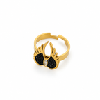 Open stainless steel ring with angel wings and black zirconia.