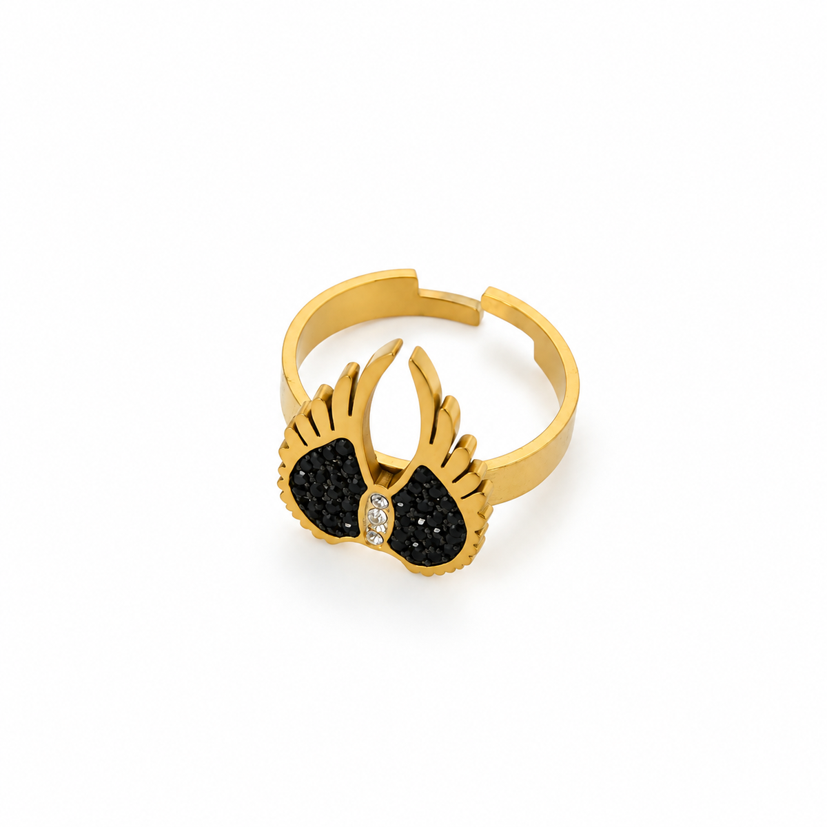 Open stainless steel ring with angel wings and black zirconia.