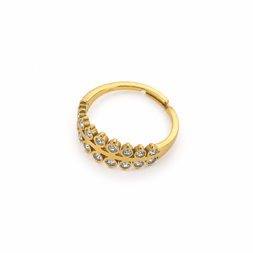 Open stainless steel ring with two rows of crown zircon