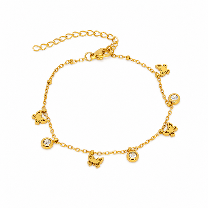 Gold-plated stainless steel bracelet with a butterfly design and dangling crystals