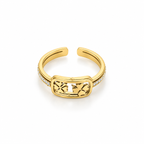 Open stainless steel ring featuring a clover leaf frame and zircon.