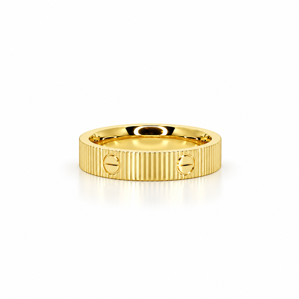 Faceted stainless steel ring with gold screw-head detailing.