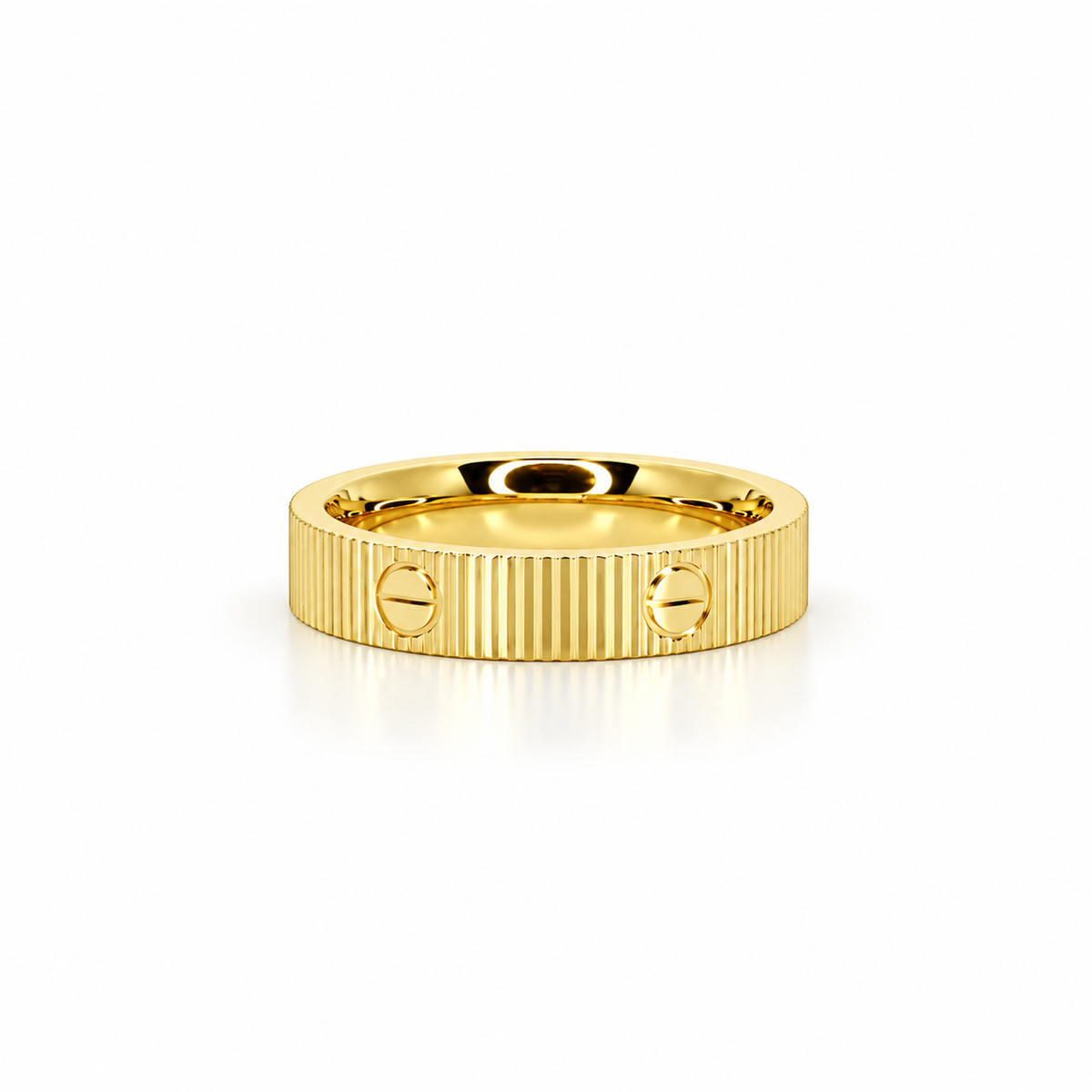 Faceted stainless steel ring with gold screw-head detailing.