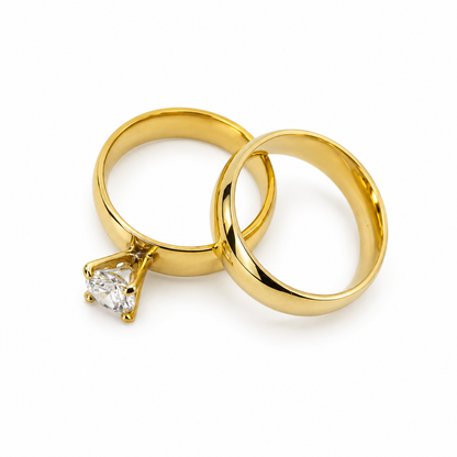 Twin ring set (wedding band and solitaire) in gold-tone stainless steel with a luxurious zircon stone