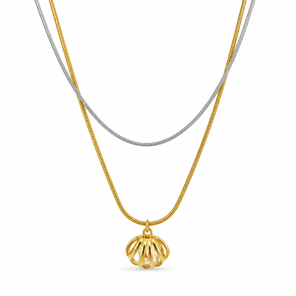 Double-strand stainless steel necklace with a crystal shell pendant