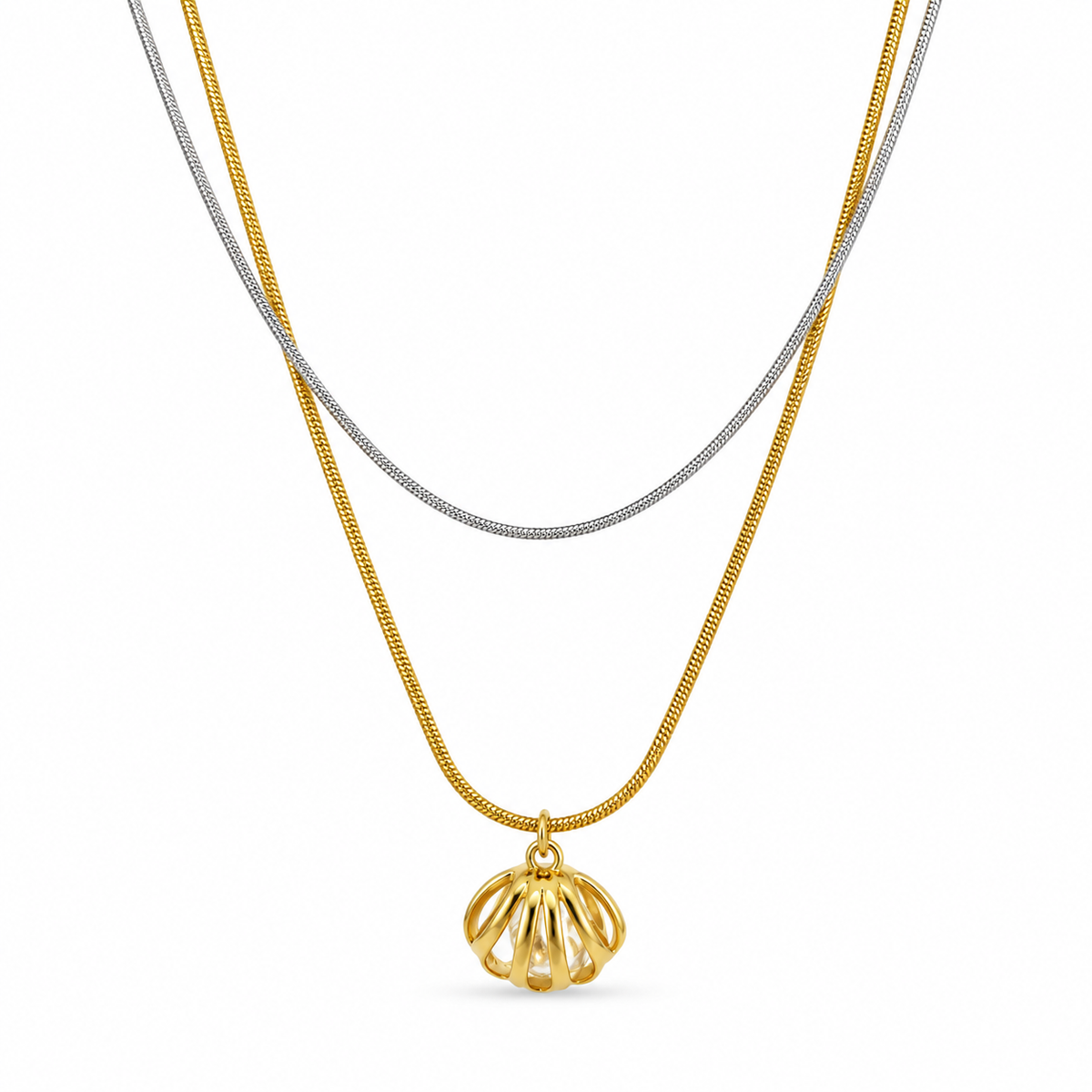 Double-strand stainless steel necklace with a crystal shell pendant