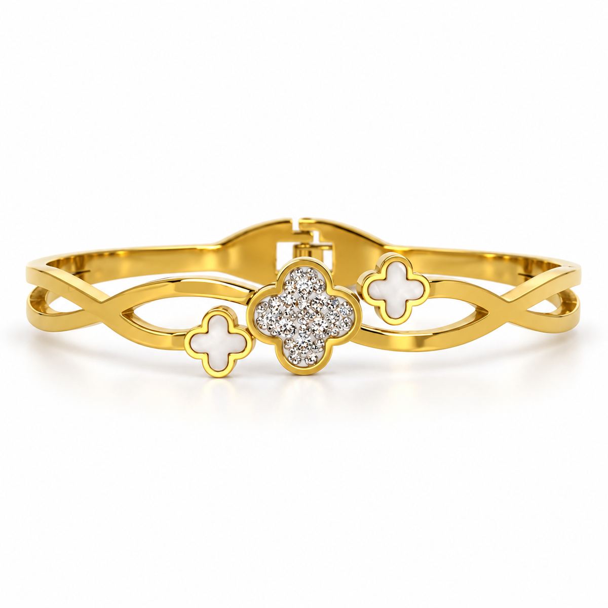 Stainless steel bracelet featuring mother-of-pearl flowers and stone embellishments.