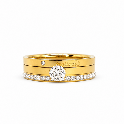 3-in-1 stainless steel ring set, gold plated and adorned with luxurious crystals