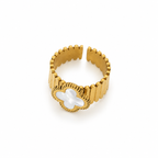 Open stainless steel ring with a wide mother-of-pearl flower