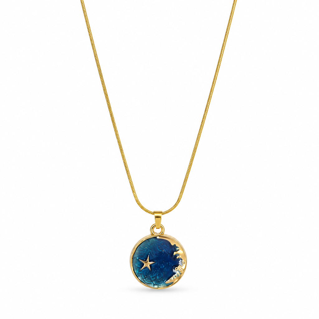 Stainless steel necklace with a night sky and crescent moon pendant.
