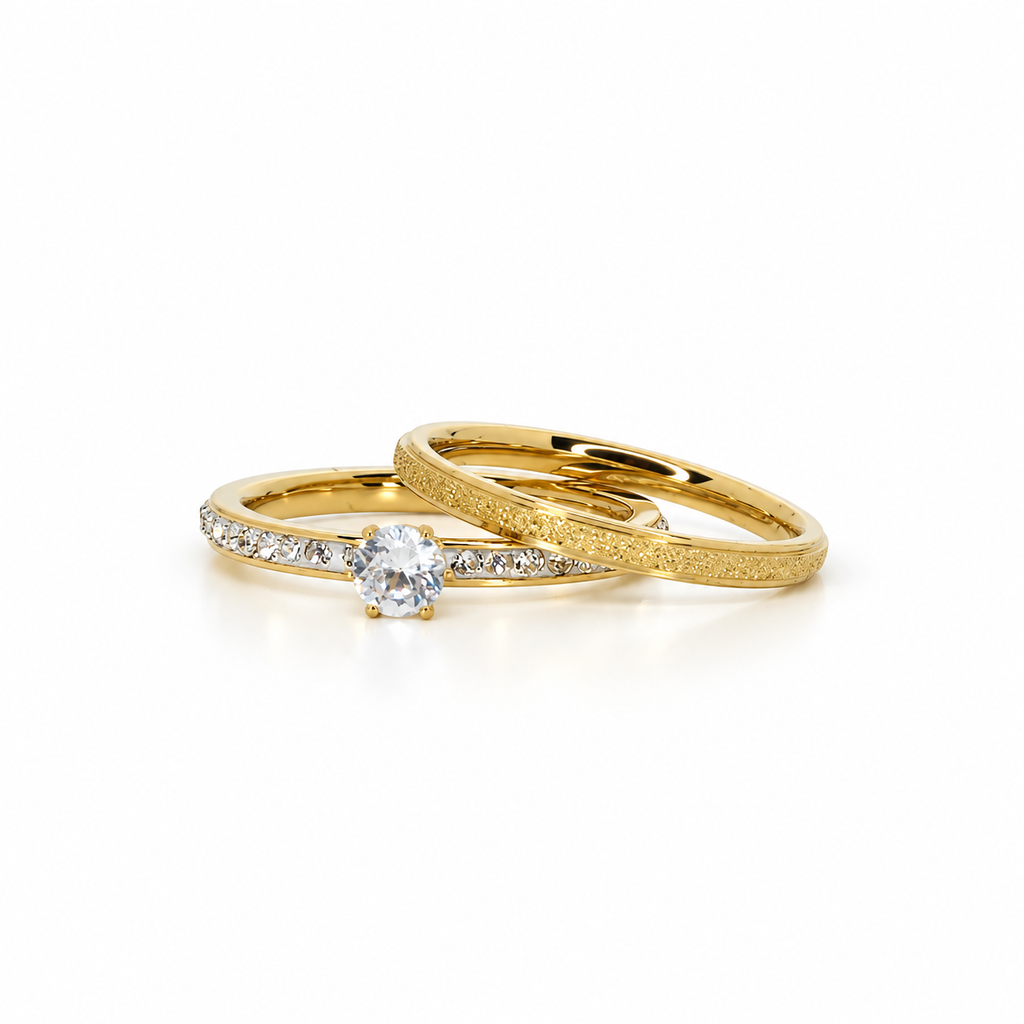 Double stainless steel ring set featuring a round stone and a sandblasted finish.