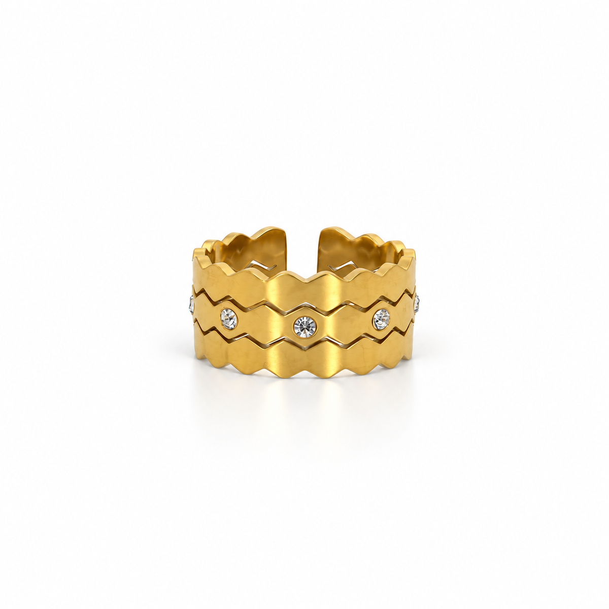 Open stainless steel ring with wavy layered design and zircon.