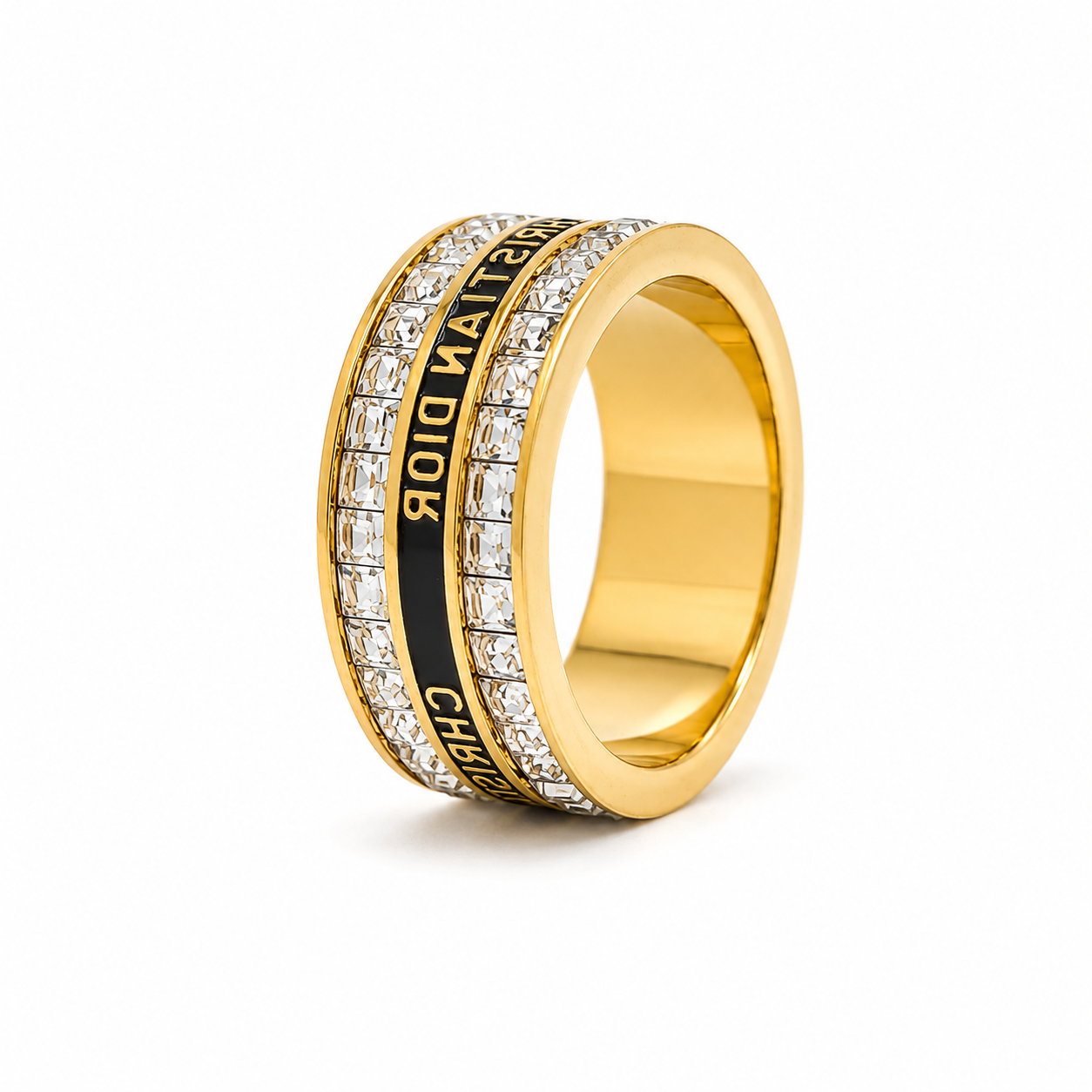 Luxury stainless steel ring adorned with crystals and black enamel – gold plated