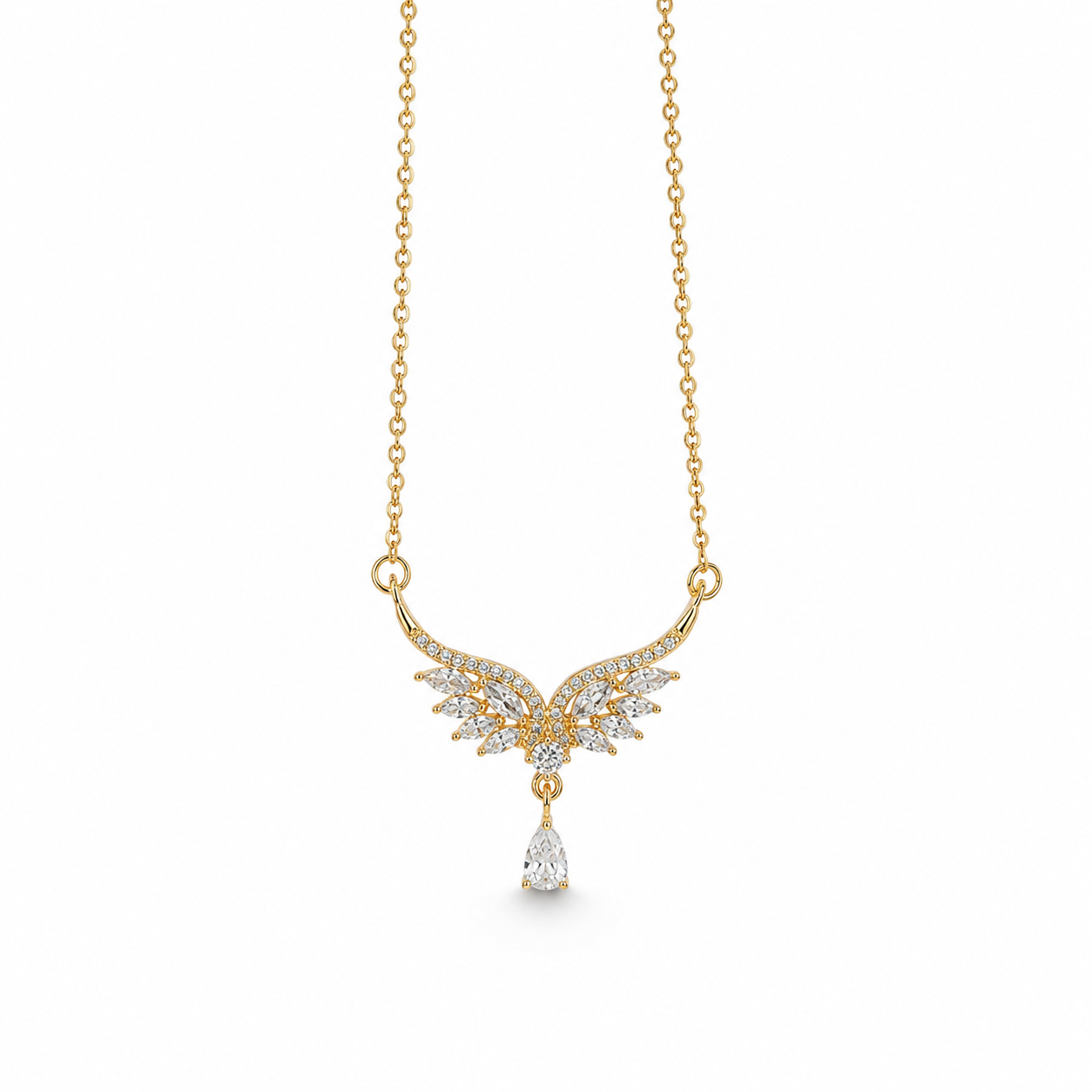 Gold-plated stainless steel necklace with an angel wings design and a zircon drop