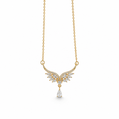 Gold-plated stainless steel necklace with an angel wings design and a zircon drop
