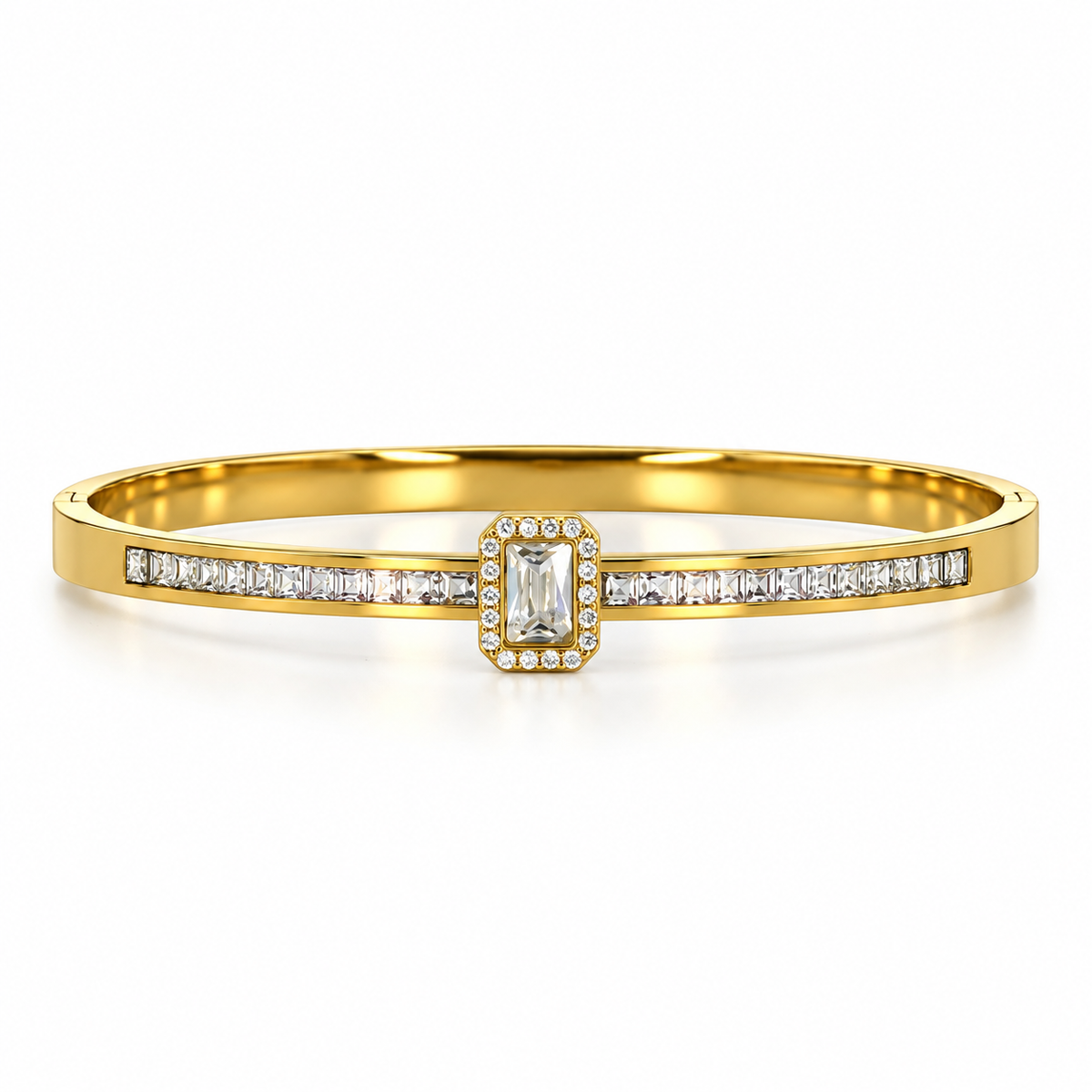 Stainless steel bracelet with a crystal emerald stone and a studded band.