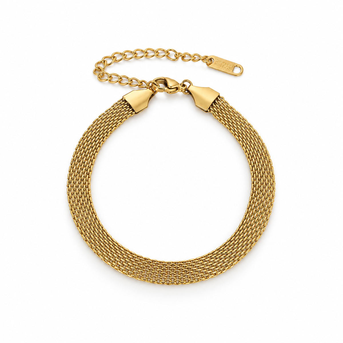 Gold stainless steel bracelet with a silk-mesh design.