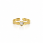 Open stainless steel ring with a heart stone and ribbed texture.