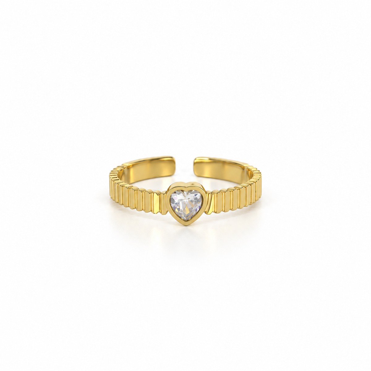 Open stainless steel ring with a heart stone and ribbed texture.