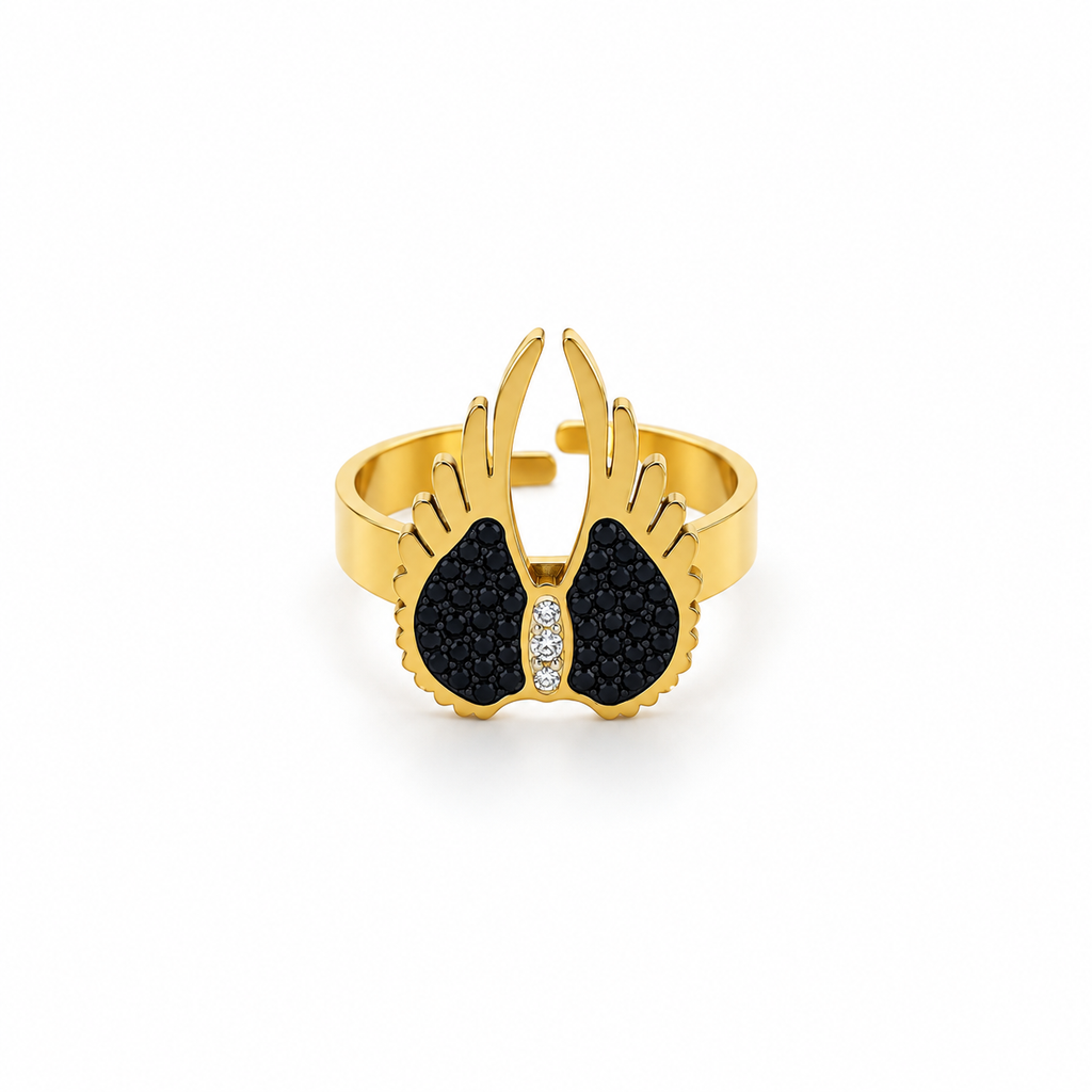 Open stainless steel ring with angel wings and black zirconia.