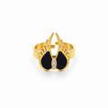 Open stainless steel ring with angel wings and black zirconia.