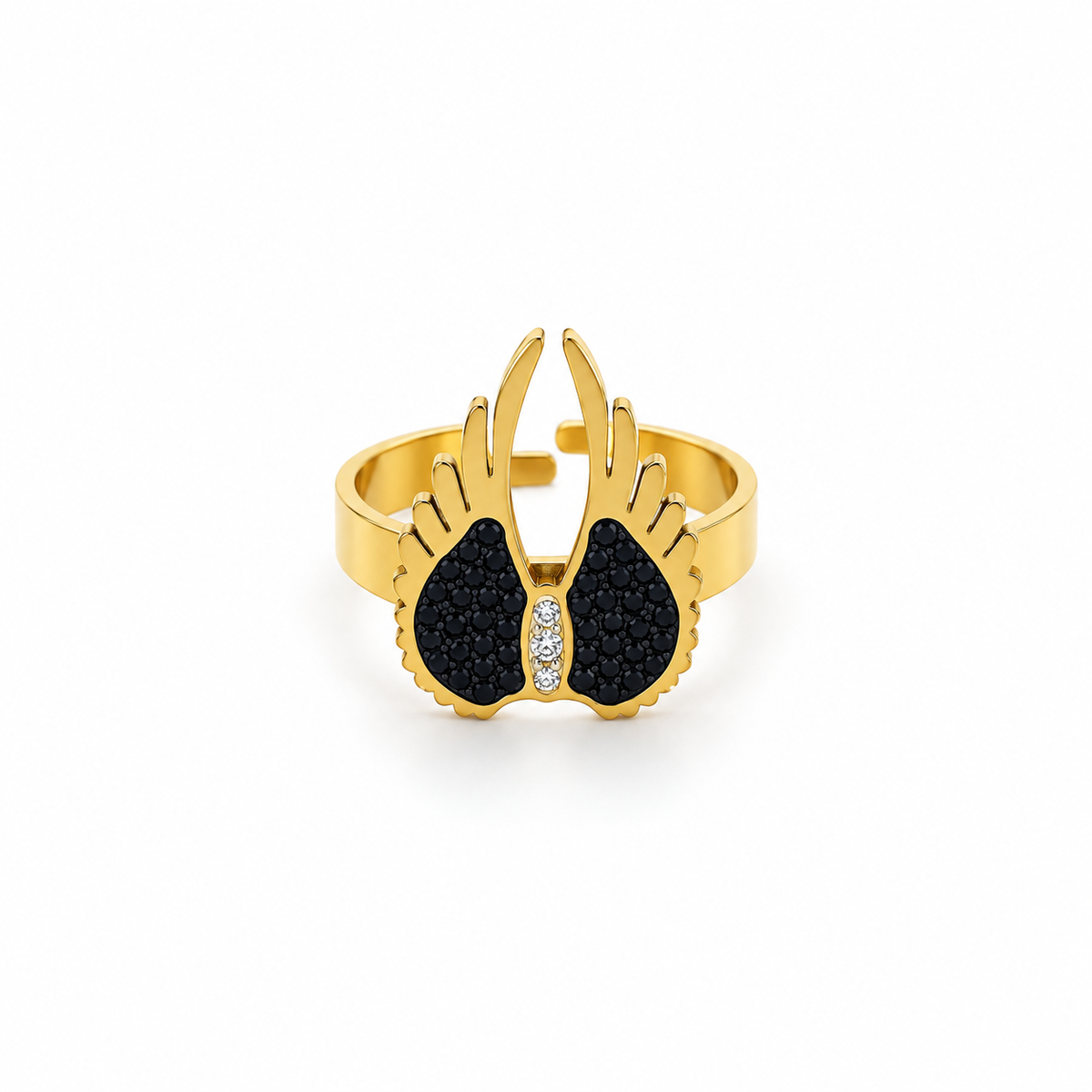 Open stainless steel ring with angel wings and black zirconia.