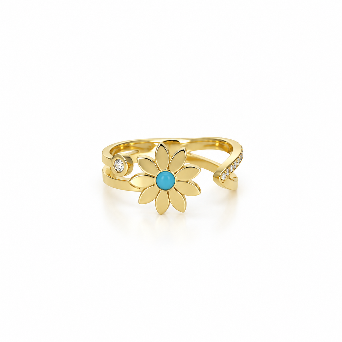 Stainless steel ring featuring a daisy flower, turquoise, and zircon.