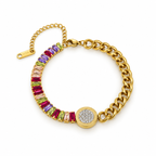 Two-tone stainless steel bracelet featuring a gold chain and multicolored zircon stones.